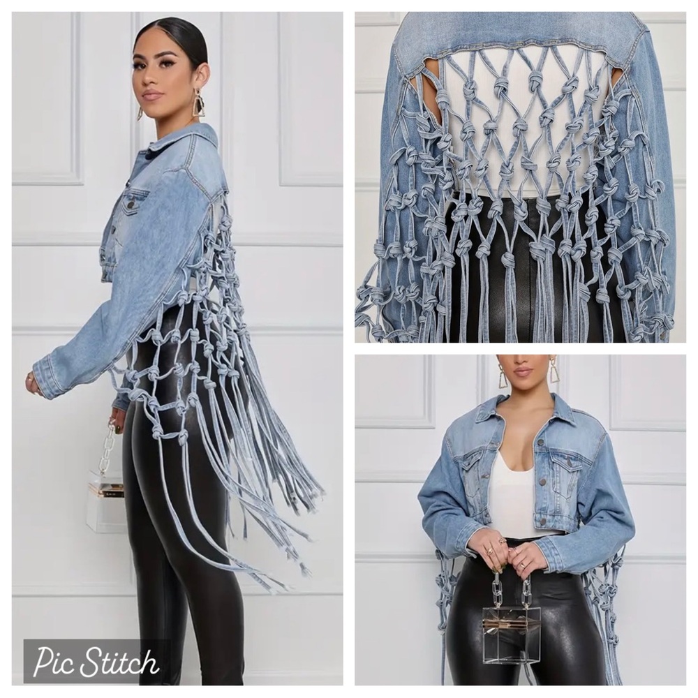 Y2K Boho Denim Jean Jacket Fringe Mesh Net Open Back Vintage Festival